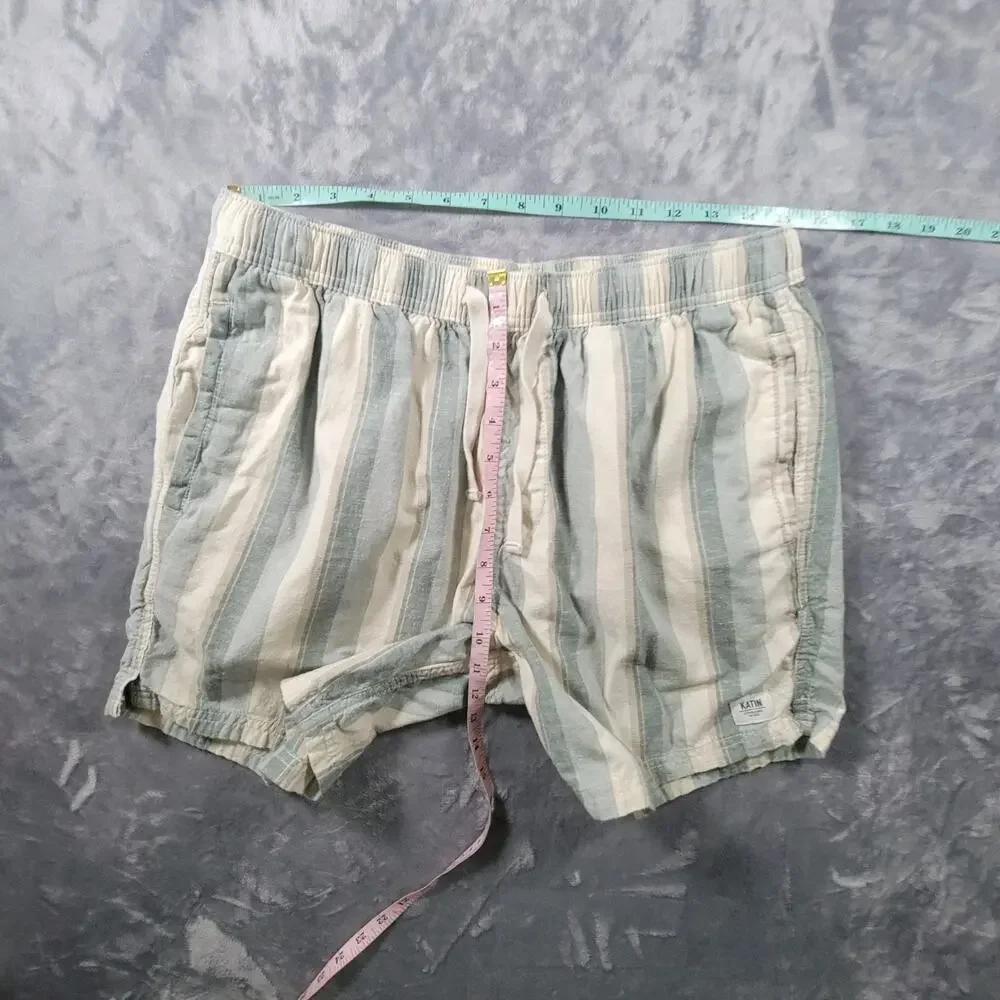 Katin Mens L Linen Cotton Pullon Elastic Waist Striped Shorts 6